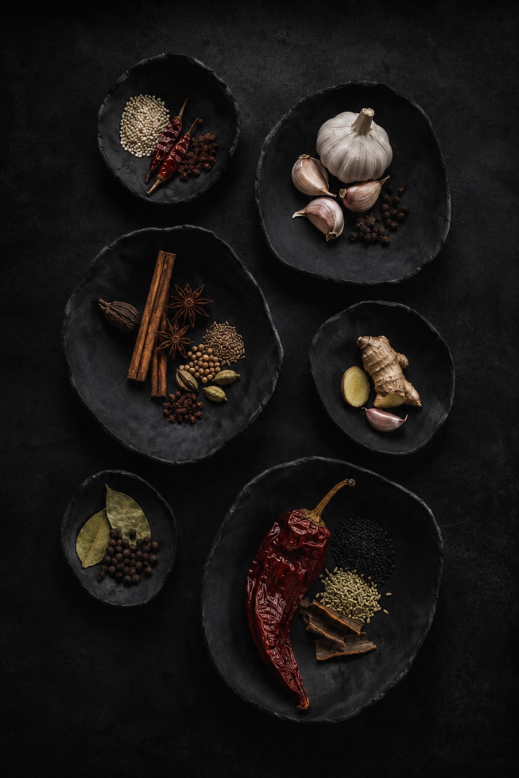 Whole spices, garlic, ginger and dried chilies arranged in dark ceramic bowls